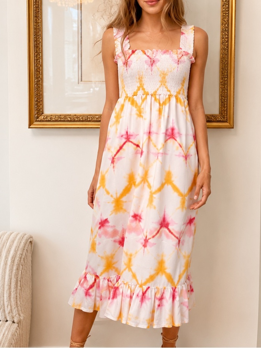 Rails Pink & Yellow Tie-Dye Smocked Midi Dress